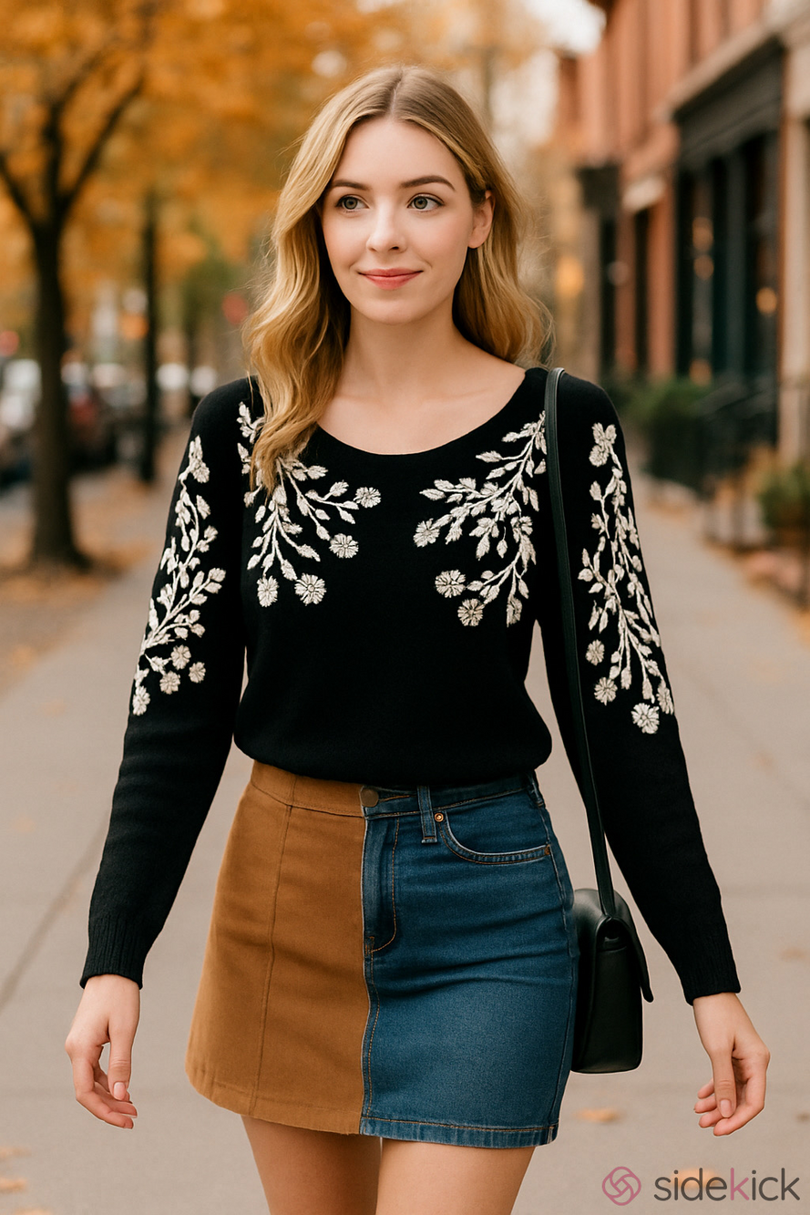 Rain + Rose Black Sweater with White Floral Embroidery Women's Sweater
